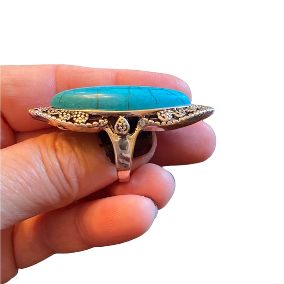 Boho Oversized Silver and Turquoise Ring - Picture 3 of 7